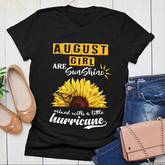 BANJOJO Personalized August Girl Are Sunshine Mixed With A Little Hurricane T-Shirt, August Birthday, Sunflower T-Shirt
