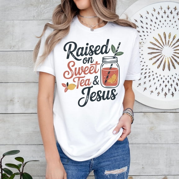 BANJOJO Raised on Sweet Tea and Jesus T-Shirt, Southern Faith Shirt, Graphic Tee, Country Girl Religious Gift for Her