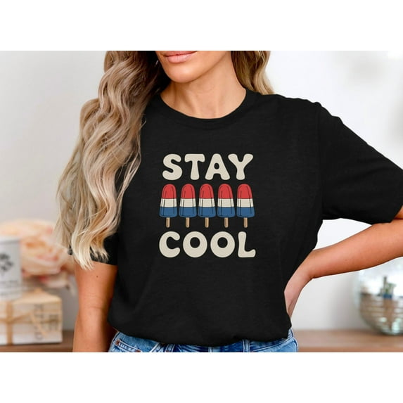 BANJOJO Stay Cool Popsicle Shirt, Summer Ice Pop Tee, Red White Blue Rocket Pop Shirt, Retro Frozen Treat TShirt For Hot Days