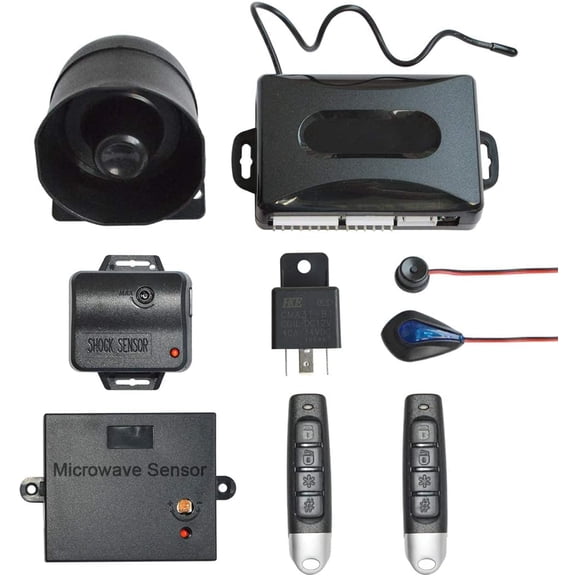 BANVIE Universal Car Security Alarm with Keyless Entry System, 2 Remote Transmitters, 6-Tone Siren, Shock Sensor, Central Locking Automation