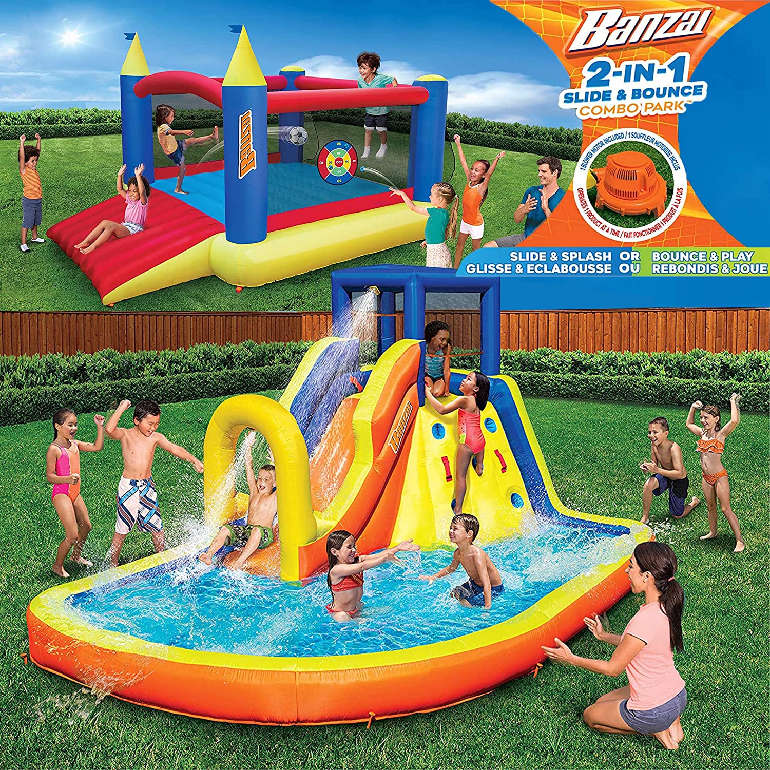 BANZAI Inflatable Water Slide & Bounce House (Combo Pack) - Huge Heavy Duty Outdoor Kids Adventure Park Pool with Sprinkler Wave and Slide Plus Large Bonus 12’x9 Bounce House - Free Blower Included - image 1 of 5