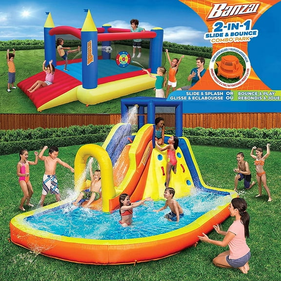 Banzai Inflatable Water Slide & Bounce House (Combo Pack)- Huge Heavy Duty Summer Outdoor Kids Adventure Park Pool w Sprinkler Wave and Slide Plus Large Bonus 12x9 Bounce House- Free Blower