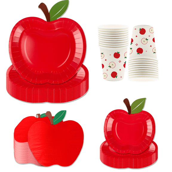 BAO FA CAI Apple Shaped Paper Party Plates Set, 20-Piece Disposable Tableware with Plates Cups Napkins, Red Apple Design for Birthday Teacher Appreciation Office Party Supplies