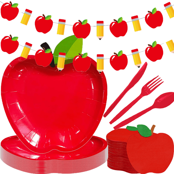 BAO FA CAI Apple Theme Party Set, 75-Piece Tableware Set for 75 Guests, Apple Plates Napkins Utensils Cutlery & Bunting Banner, Teacher Appreciation Office Party Supplies