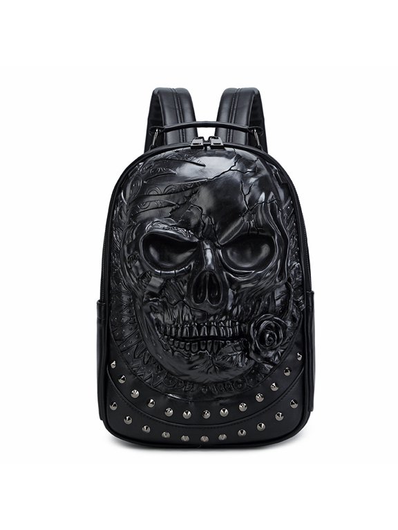 Skull Backpack, PU Leather Casual Daypack for Men Women, Lightweight Travel Laptop Backpack with Multi-Compartments, 3D Punk Print Rucksack for College Daily Commute (3 Colors)