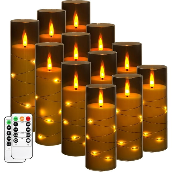 BAO Flameless Candles with Recessed String Light, Battery Operated Candles, Acrylic LED Pillar Candles with Remote Control and Timer, Gray, Set of 12