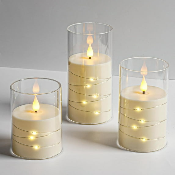 BAO Flickering Flameless Candles with Remote,Acrylic LED Candles with Embedded Star String,Battery Operated Candle, for Home and Holiday Decoration Set of 3(Ivory)