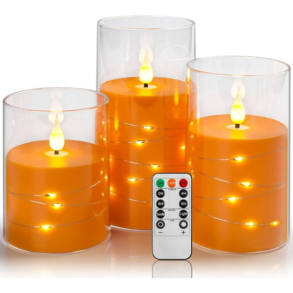 BAO Flickering Flameless Candles with Remote,Acrylic LED Candles with Embedded Star String,Battery Operated Candle, for Home and Holiday Decoration Set of 3(Orange)