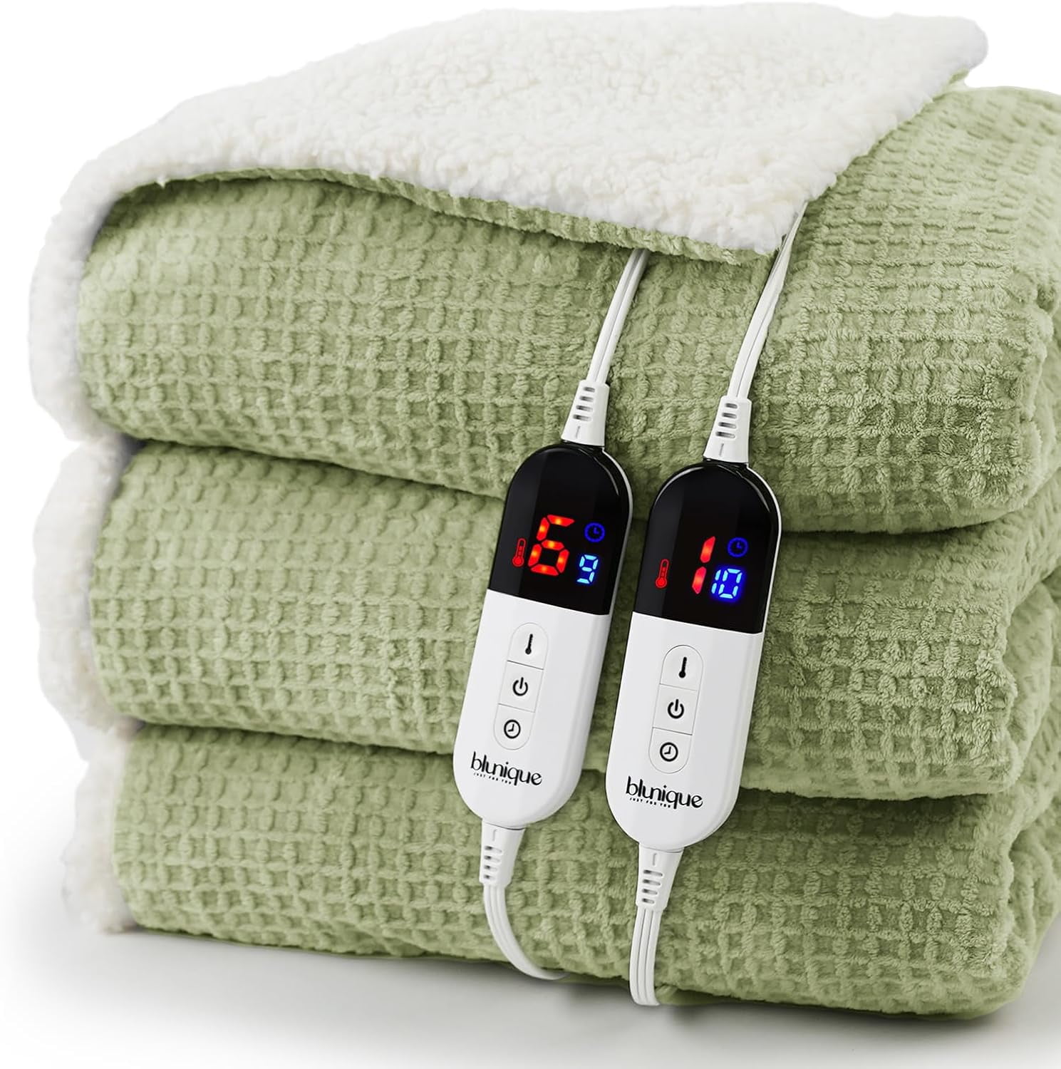 BAO Heated Blanket Electric Blanket King Waffle, 90x100 Inches Dual Controllers Sherpa Fleece Fast Heating Blanket 6 Heating Levels & 10 Hours Auto Off ETL Certification, Sage King