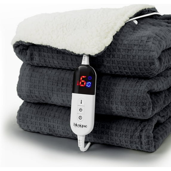 BAO Heated Blanket Electric Blanket Twin Waffle, 62x84 Inches Sherpa Fleece Fast Heating Blanket 6 Heating Levels & 10 Hours Auto Off ETL Certification,Charcoal Grey Twin