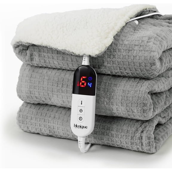 BAO Heated Blanket Electric Throw Waffle, 50x60 Inches Sherpa Fleece Fast Heating Blanket 6 Heating Levels & 4 Hours Auto Off ETL Certification, Grey Throw