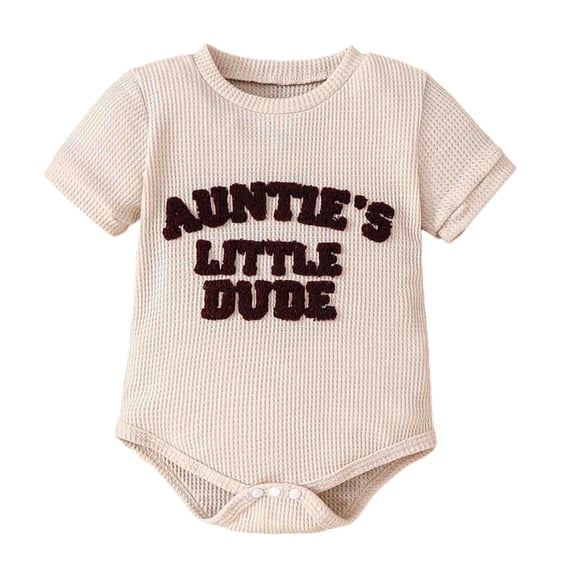 BAOAOER Aunties Little Dude Baby Clothes Newborn Boy Summer Outfit Embroidery Letter Bodysuit Short Sleeve Waffle Romper