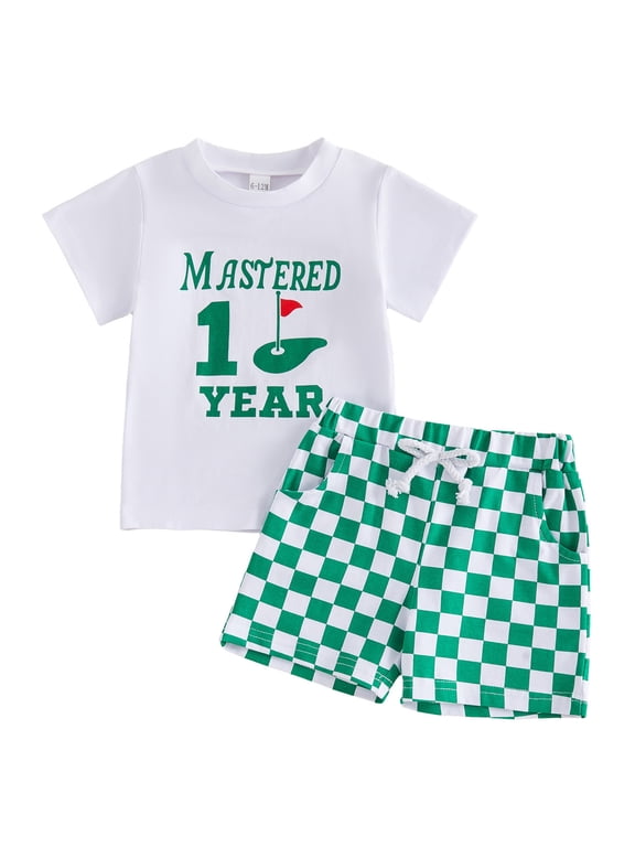 Baby Boy First Birthday Golf Outfit Short Sleeve Hole In One Golf T-Shirt Top Shorts Infant 2Pcs Set Summer Clothes Size 12-18 Months
