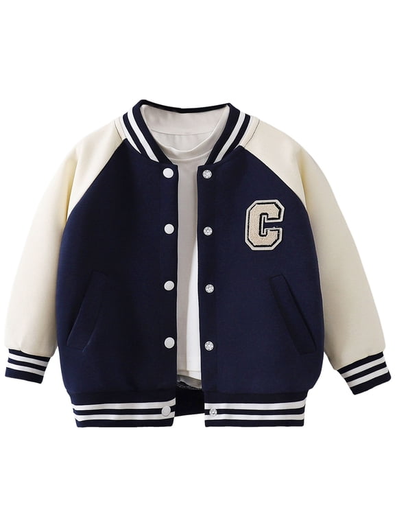 Baby Boy Girl Baseball Varsity Jacket 18M-12T Letter C Causal Button Down Letterman Bomber Jacket Lightweight Sweatshirts Coat (Dark Blue,9-10 Years)