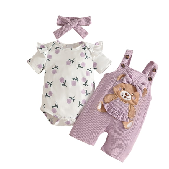 BAOAOER Baby Girl Clothes Suspender Skirt Newborn Ruffled Romper Cute Bear Jeans Dress Bow Headband Summer Outfits