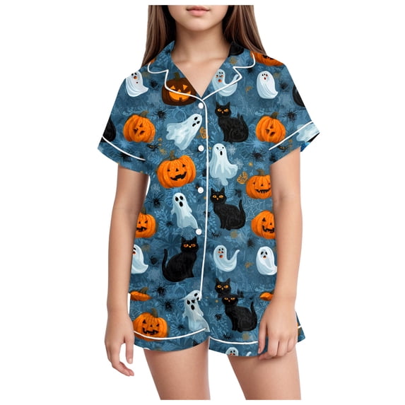 BAOAOER Girls Satin Pajama Set Girls Silk Satin Pajama Set Halloween Pumpkin Print Short Sleeve Button Shirts and Shorts 2 Piece Sleepwear (Navy,12-13 Years)