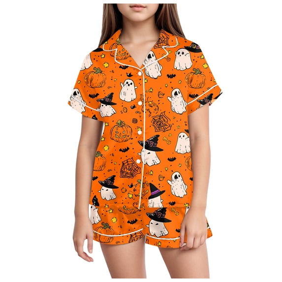 BAOAOER Girls Satin Pajama Set Girls Silk Satin Pajama Set Halloween Pumpkin Print Short Sleeve Button Shirts and Shorts 2 Piece Sleepwear (Orange,10-11 Years)