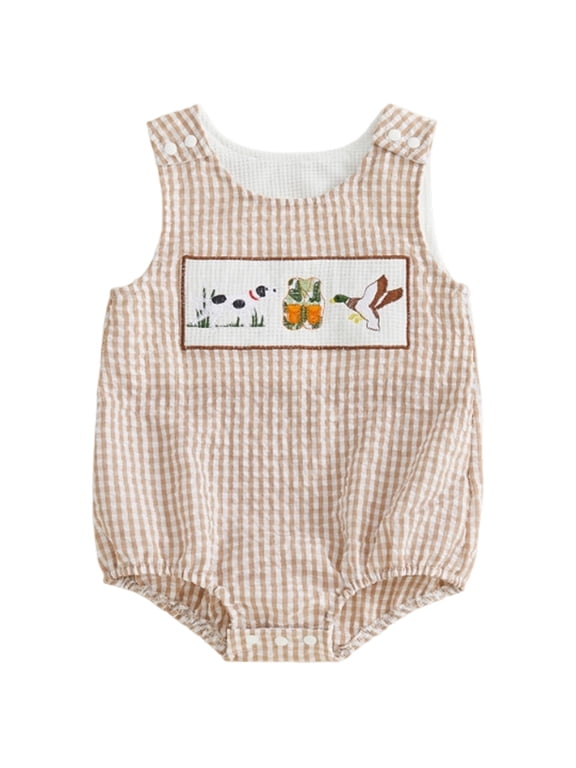 Newborn Baby Boy Summer Clothes Mallard Duck Embroidery Bubble Romper Plaid Sleeveless Bodysuit Golf Onesie Clothes Size 6-12 Months