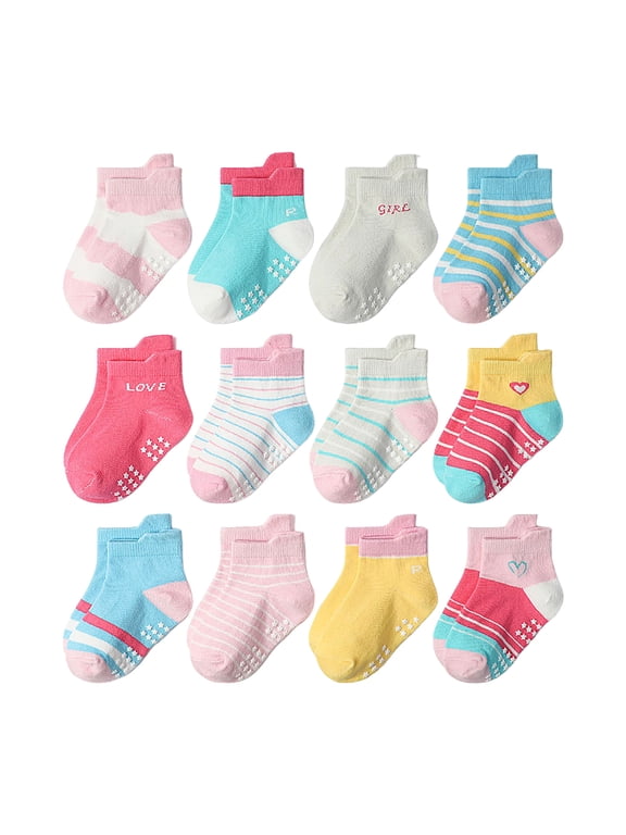 Socks Toddler Kids Socks With Grippers Non Slip Crew Grip Socks for Girls and Boys Soft Comfy Cotton Unisex - 12 Pack