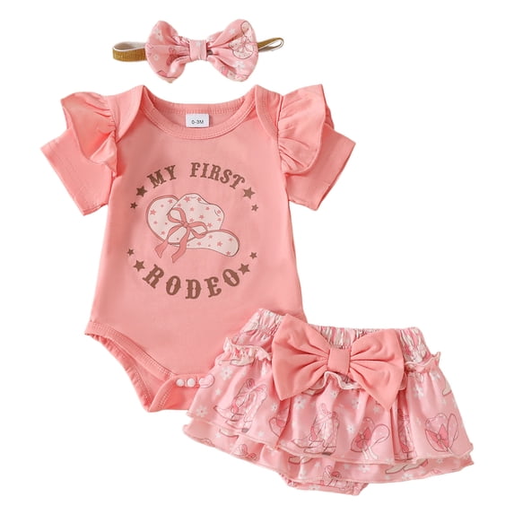 BAOAOER Western Baby Girl Summer Clothes My 1st Rodeo Short Sleeve Romper Shorts Headband Set Cute Infant Cowgirl Outfits (Pink,6-12 Months)