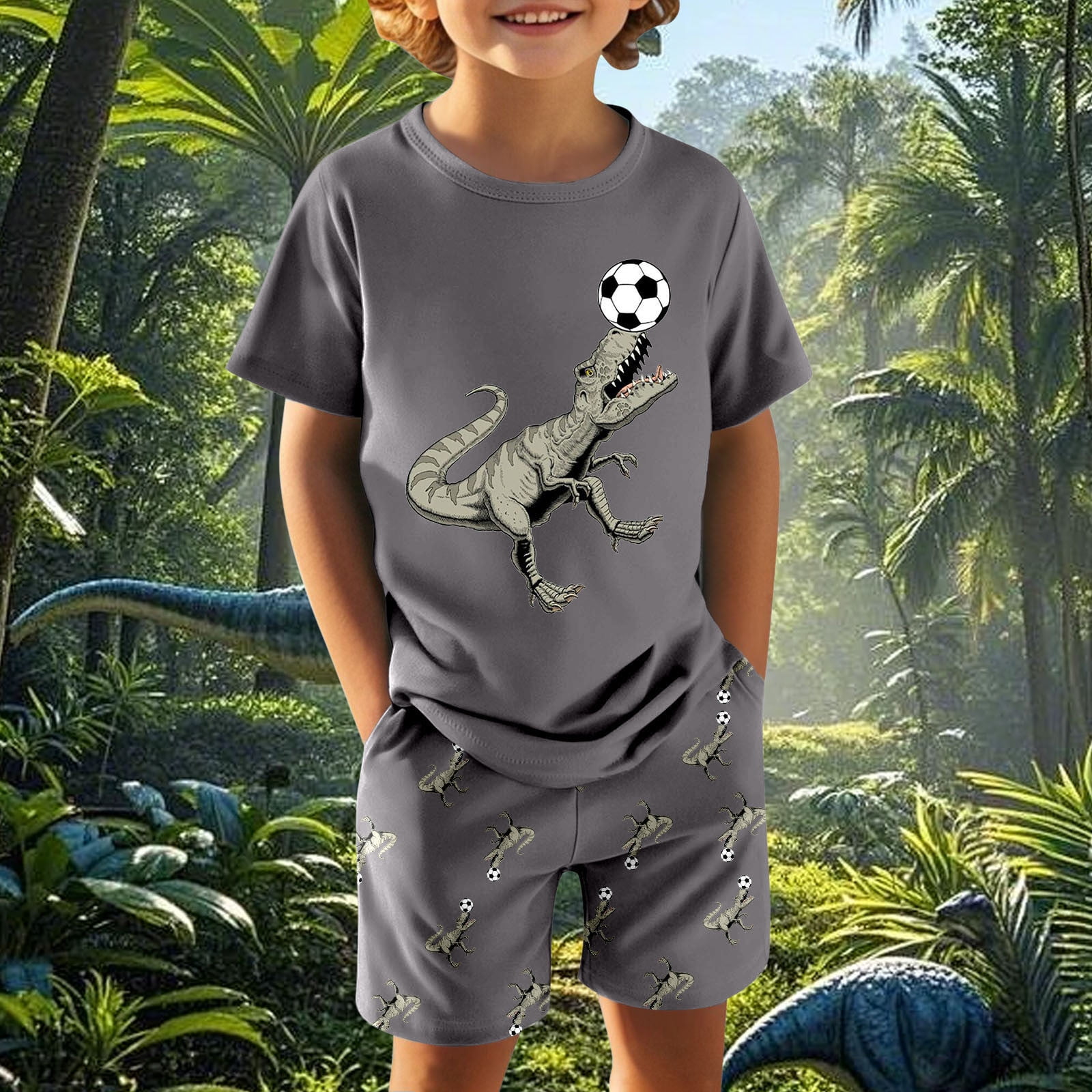 Boys Orange Dinosaur Print T-Shirt With Shorts & Swim Cap Swimwear Sets