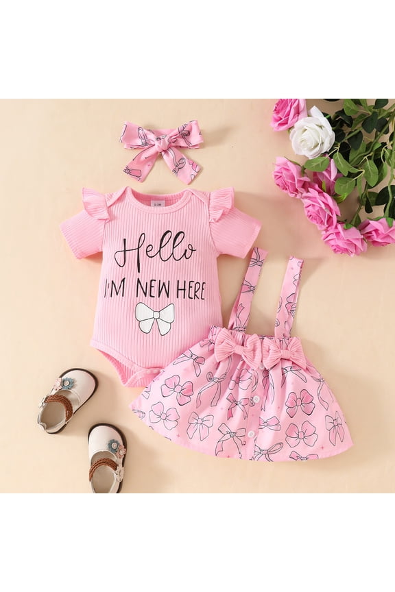 Girls Short Sleeve Letter Prints Ribbed Romper Bodysuit Bowknot Suspender Skirts Outfits Cute Baby Things 3 Month Baby Girl Clothes New Photo Prop Crib Checke Crop Top Kids Baby Clothes Girl