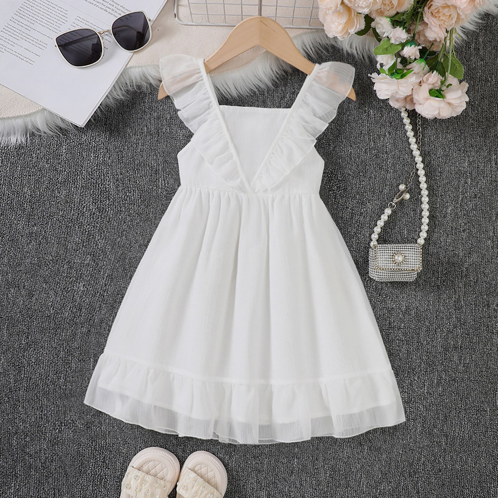 Adorable Toddler Girl's Summer Dress - Flutter Sleeve & Ruffle Bottom - Soft Milk Silk Dress For Parties & Photos