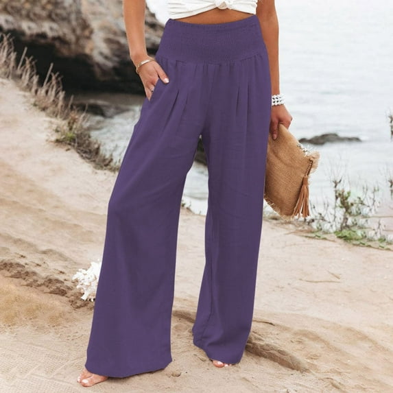 BAODANN High Waist Wide Leg Palazzo Pants for Women Smocked Elastic Waist Loose Comfy Casual Pajama Pants Pockets plus Size Yoga Pants with Pockets for Women Womens Work Bottoms High Waist Pants for