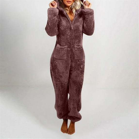 BAODANN Jumpsuits For Women Fuzzy Hoodie Pajamas Jumpsuit Long Sleeve Romper Pajamas Warm Drawstring Romper plus Jumpsuit Adult Footie Pajamas Footie Adult Pajamas Checkerboard Set Women