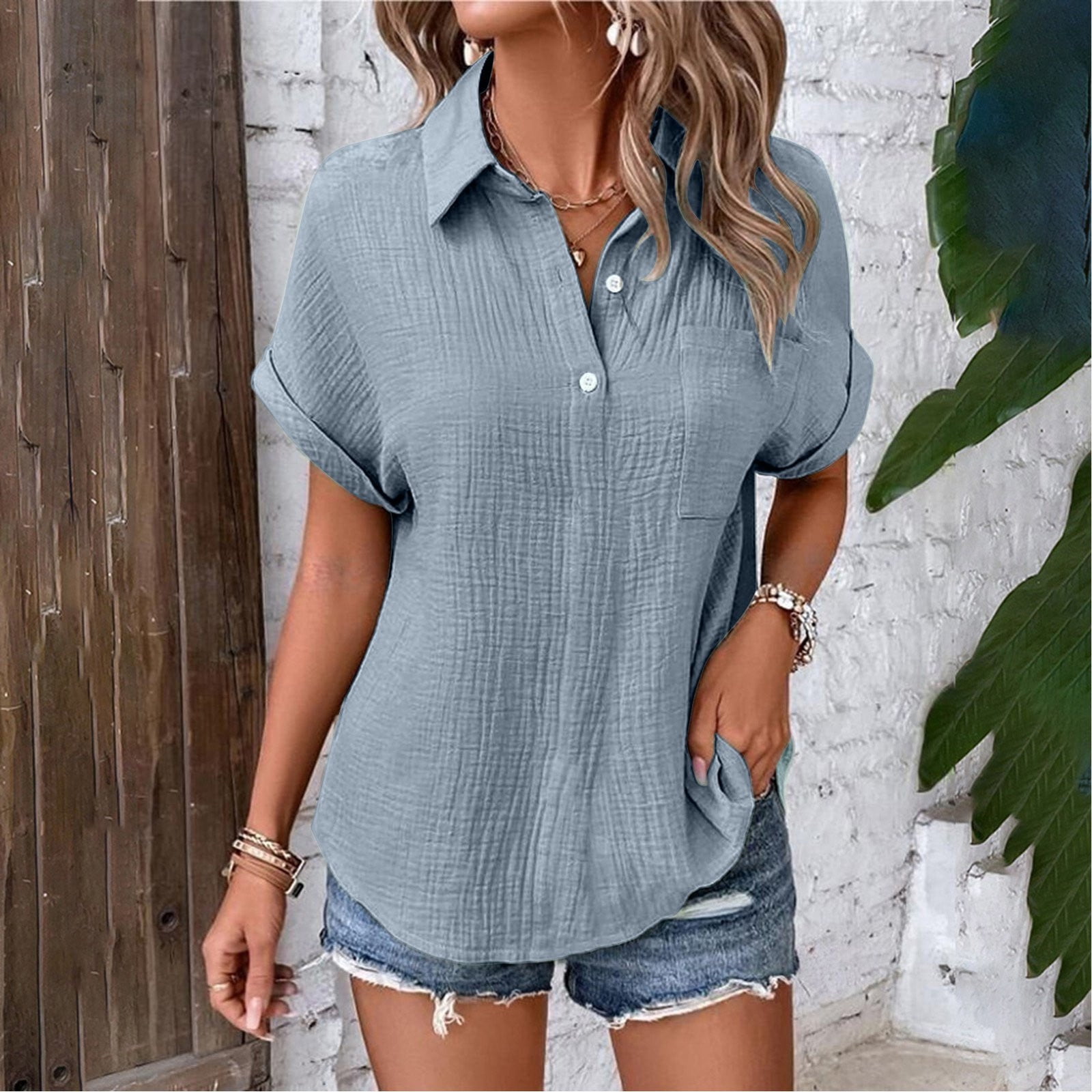 BAODANN New Women's Shirt Solid Color Casual Bat Sleeve Button Up Shirt