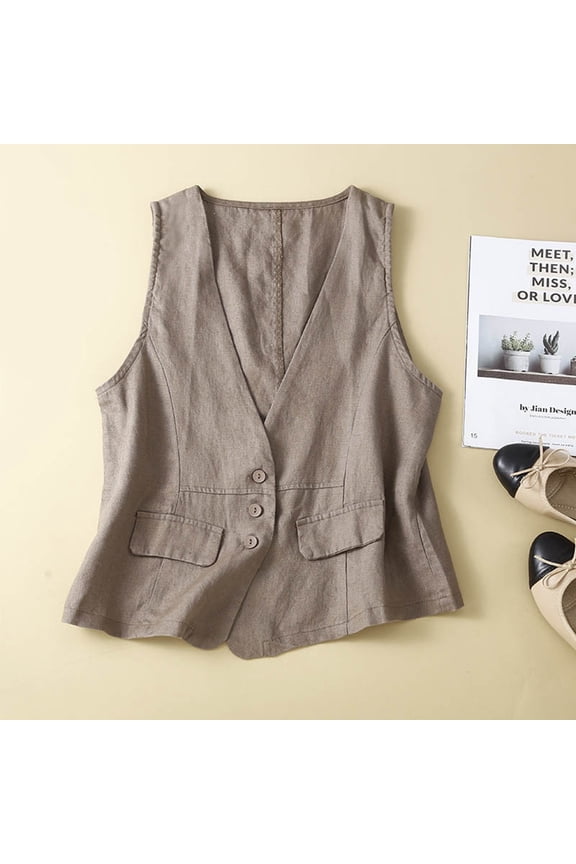 Retro Linen Vest Summer V Neck Casual Sleeveless Vest Linen Outerwear Vest Jacket Nylon Tops Women Dressy Top Women Athletic Top Women Shirt with Strings Athletic Tops for Women Loose