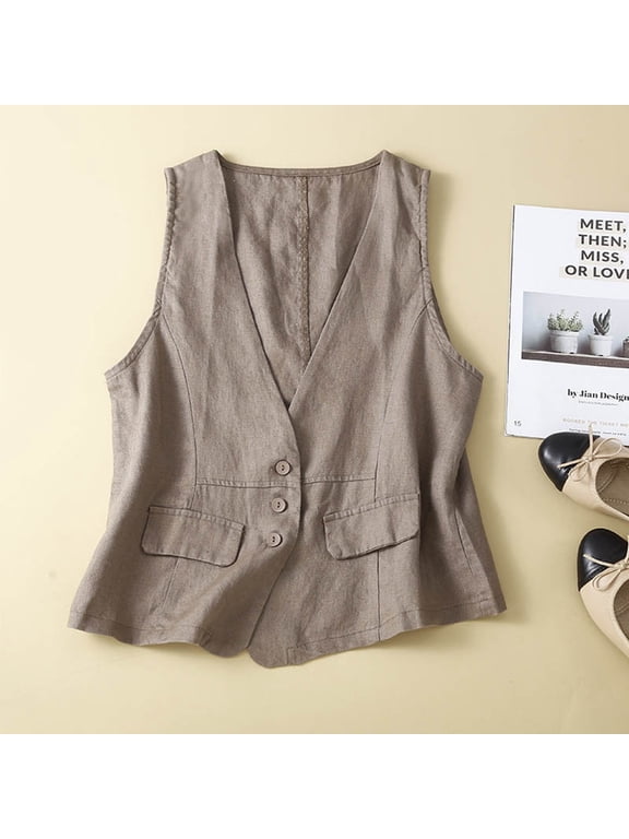 Retro Linen Vest Summer V Neck Casual Sleeveless Vest Linen Outerwear Vest Jacket Nylon Tops Women Dressy Top Women Athletic Top Women Shirt with Strings Athletic Tops for Women Loose