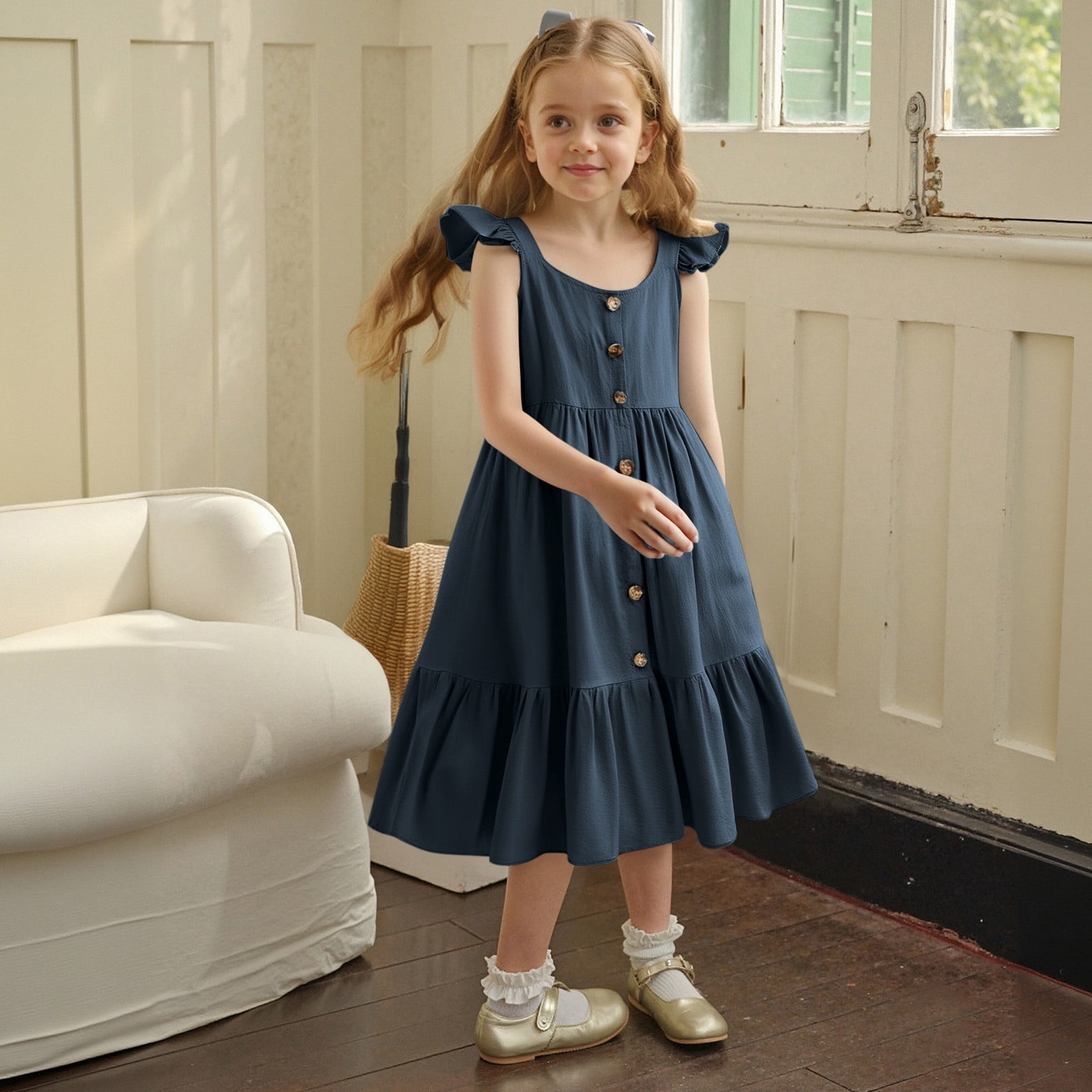 BAODANN Sleeveless Casual Little Girl Button Down Ruffled Dress(1 ...