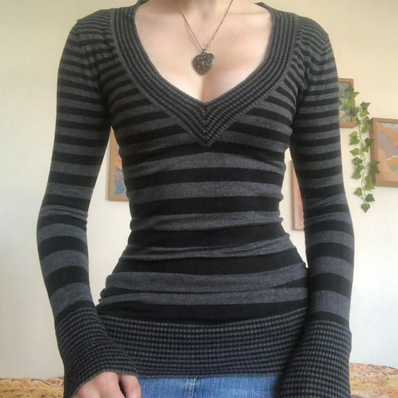 BAODANN Striped Long Sleeve Slim Tops Color Block Square Collar Tee T Shirt Women Plain Women's Active Shorts Womens T Shirts Neck Shirts for Women Layering Tee Long Sleeve Women