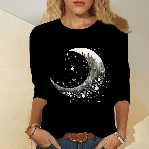 BAODANN Women's 3/4 Sleeve Tops Fashionable Plus Size G Formal Casual Shirts Graphic T Shirts Crew Neck Tops Space Apparel Exercise Wear Casual Short Sleeve Womens Polyester T Shirts Long Sleeve