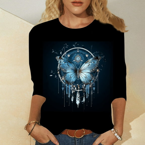 BAODANN Women's 3/4 Sleeve Tops Fashionable Plus Size G Formal Casual Shirts Graphic T Shirts Crew Neck Tops Space Apparel Exercise Wear Casual Short Sleeve Womens Polyester T Shirts Long Sleeve