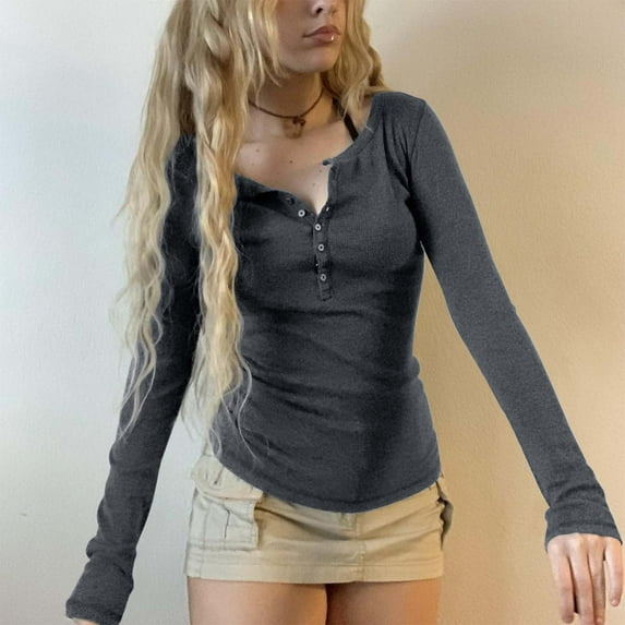 BAODANN Women's Button V Neck Long Sleeve T Shirt Slim Fit Basic Top Casual Wear Medium Shirt Teen T Shirt Tee Shirts Women Work Shirts Women Summer Shirt Athletic Women