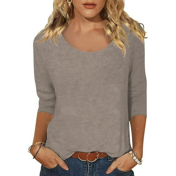 BAODANN Women's Casual Solid Color Print Neck Low Cut 3/4 Sleeve T Shirt Top Active Shirt Woman Tan Raglan Shirt Women Long Sleeved Tees for Women Women Long Sleeve Tee Shirt Womens Active