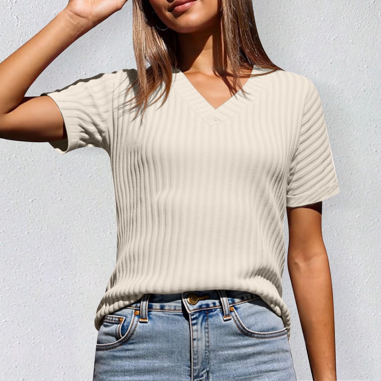 BAODANN Women's Casual V Neck Short Sleeve Loose Fit Striped T Shirt ...