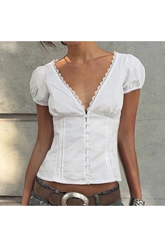 Women's French Lace White Shirt Women's Design Feel Button Lace Pleats Slim Wear Deep V Neck Short Sleeved Top Women Long Sleeves Shirts T Shirts for Women Medium Short Loose Casual T Shirt