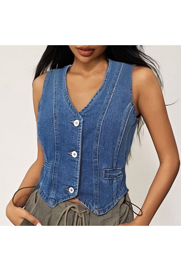 Women's Solid Color Vintage Wash Denim Crop Vest Top Sleeveless Fashion Jacket Atmosphere Top 3x Tops for Women plus Size Fitted Cropped Shirt Cam 4x Tops