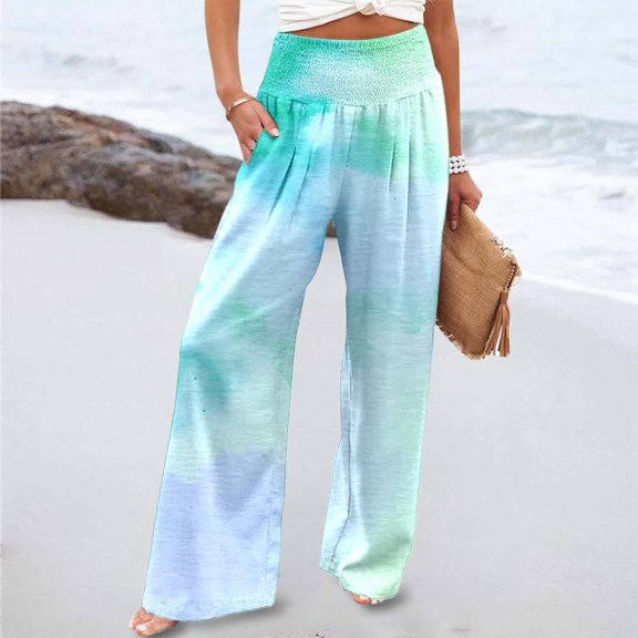 BAODANN Women's Summer Print Elastic High Waist Wide Pants Casual Wide Leg Long Casual Belt Pocket Running Pants in Bulk plus Size Business Casual Pants for Women 2x Pants for Women Work Casual High