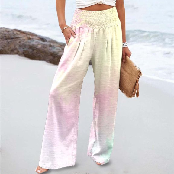 BAODANN Women's Summer Print Elastic High Waist Wide Pants Casual Wide Leg Long Casual Belt Pocket Running Pants in Bulk plus Size Business Casual Pants for Women 2x Pants for Women Work Casual High