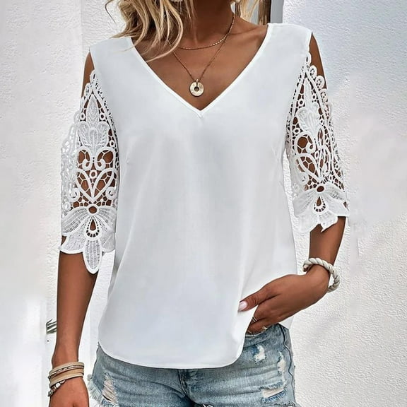 BAODANN Women's T Shirt Lace Cut Out Plain Daily Half Sleeve V Neck Basic Regular Top Woman's Shirts Women's Loose Fit Tees Women Tees and Tops Womens Long Sleeve Layering Shirt Long Sleeve Layering