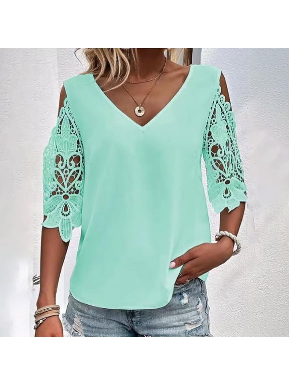 Women's T Shirt Lace Cut Out Plain Daily Half Sleeve V Neck Basic Regular Top Woman's Shirts Women's Loose Fit Tees Women Tees and Tops Womens Long Sleeve Layering Shirt Long Sleeve Layering