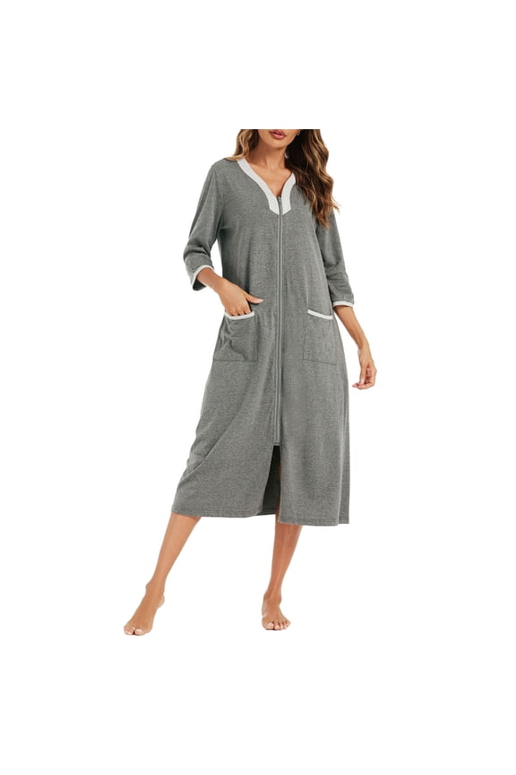 Women's Zipper Front Robe 3/4 Sleeve Housecoat Calf Length Casual Nightgown Loose Bathrobe Womens Oversize Nightshirt Big Shirt Women Woman Night Gown Sleep Shirts Women Soft Grandmother Gown