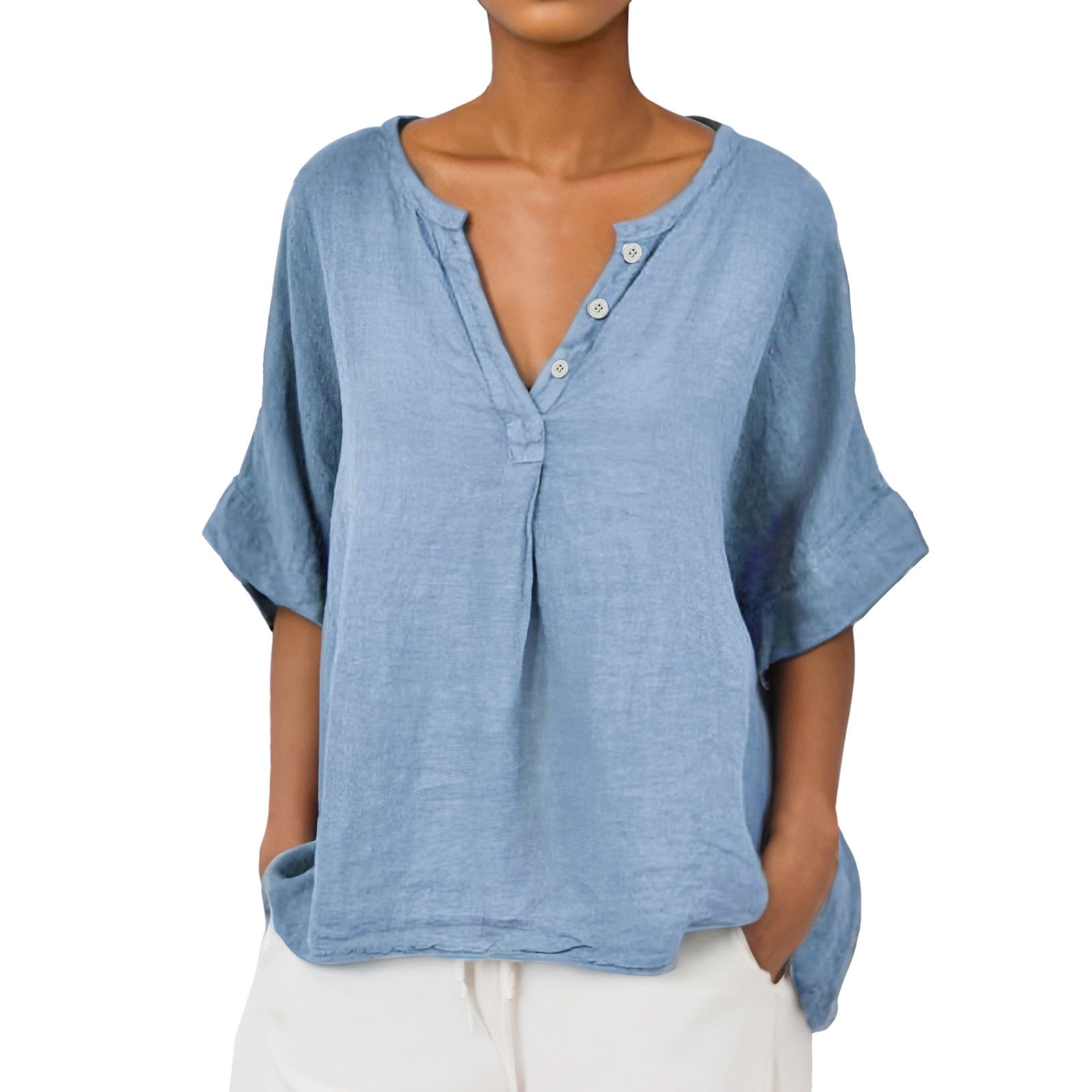 Fisoew Women's Denim Shirt Dress – Button Down V Neck, Half Sleeve, Loose Fit Mini Dress For Summer Casual Wear - View #6