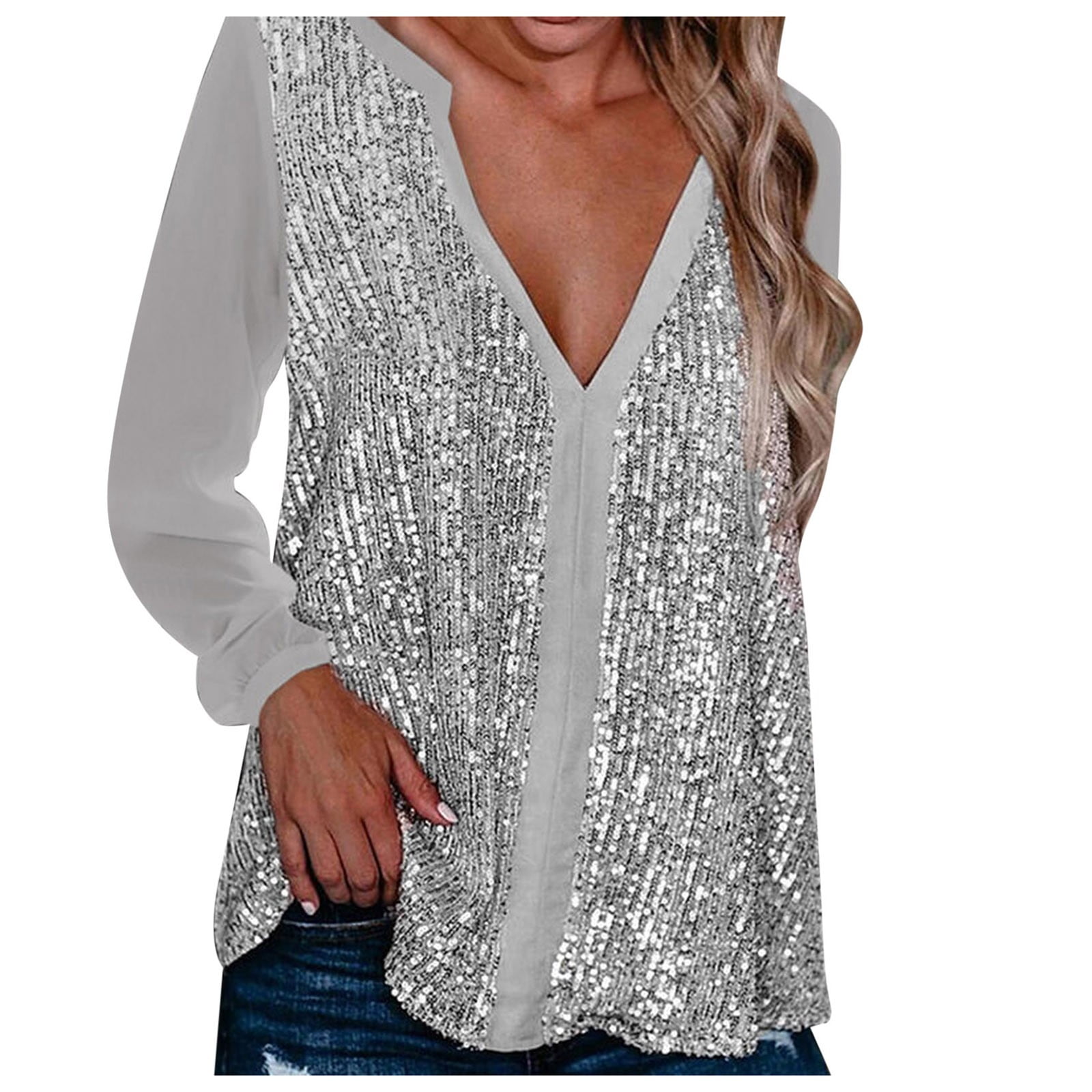 Sequin Collared Neck Long Sleeve Shirt main image 1
