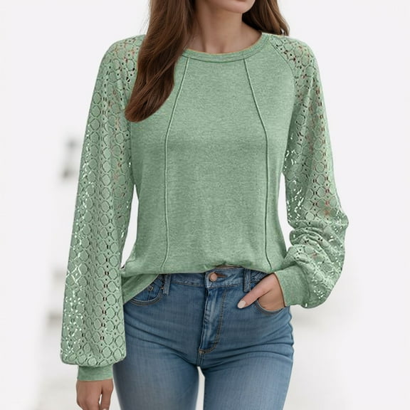 BAODANN Womens Tops Ladies Tops Lace Long Sleeve Crew Neck Pleated Shirt Long Sleeve Tops Women Womens Athletic Shirts Short Sleeve for Women Long Sleeve Shirt for Women Short Sleeve Woman S Workout