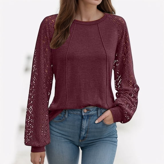 BAODANN Womens Tops Ladies Tops Lace Long Sleeve Crew Neck Tops Long Sleeve for Women Juniors Graphic Tops Long Sleeves Shirt Women Long Sleeve Shirts for Women Trendy Women Running Shirt Long Sleeve